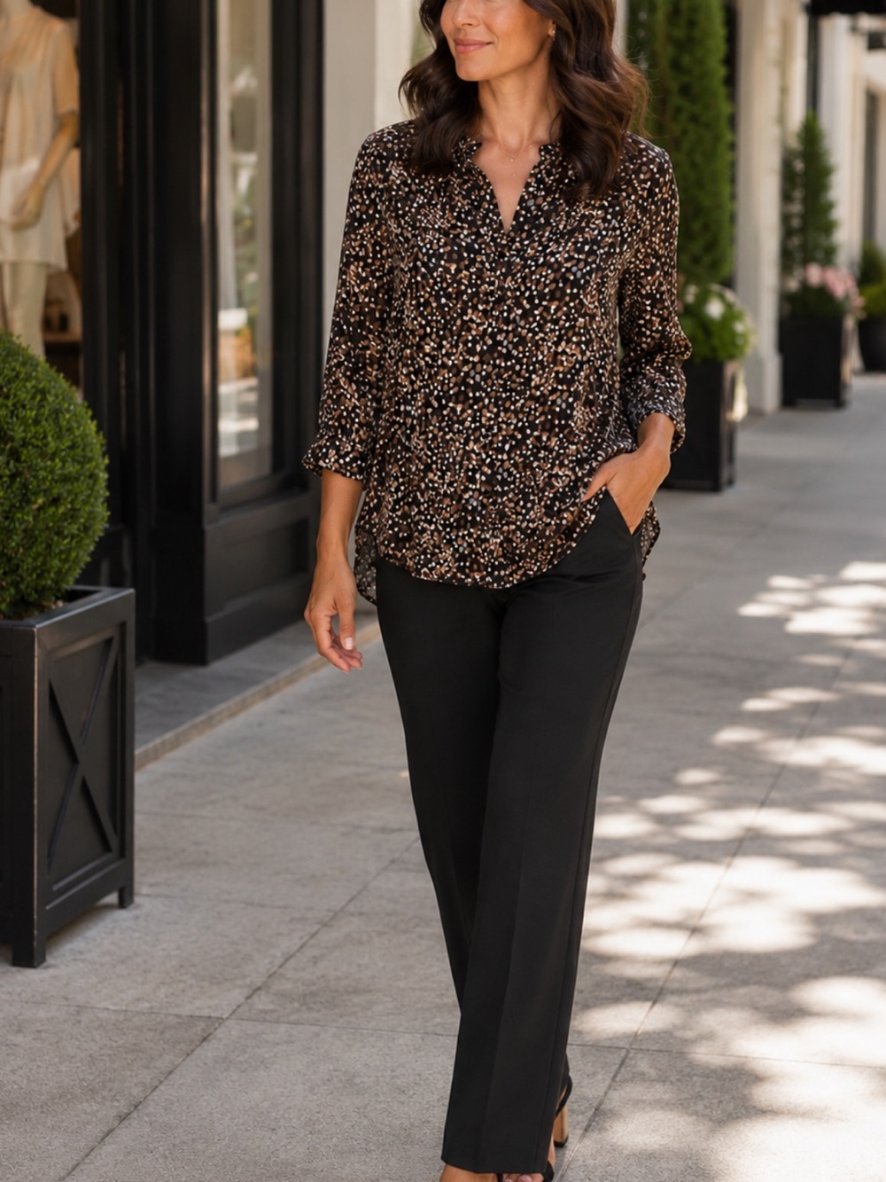 Dana Buchman Earth-Toned Abstract Dotted Print Blouse